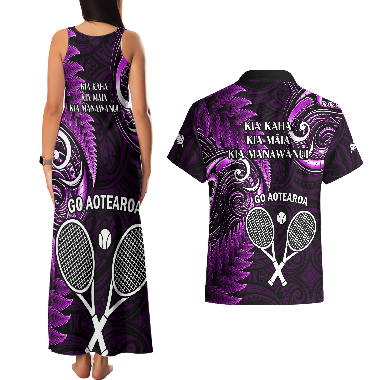 New Zealand Tiki Tennis Couples Matching Tank Maxi Dress and Hawaiian Shirt 2024 Aotearoa Tenehi Maori Silver Fern - Purple