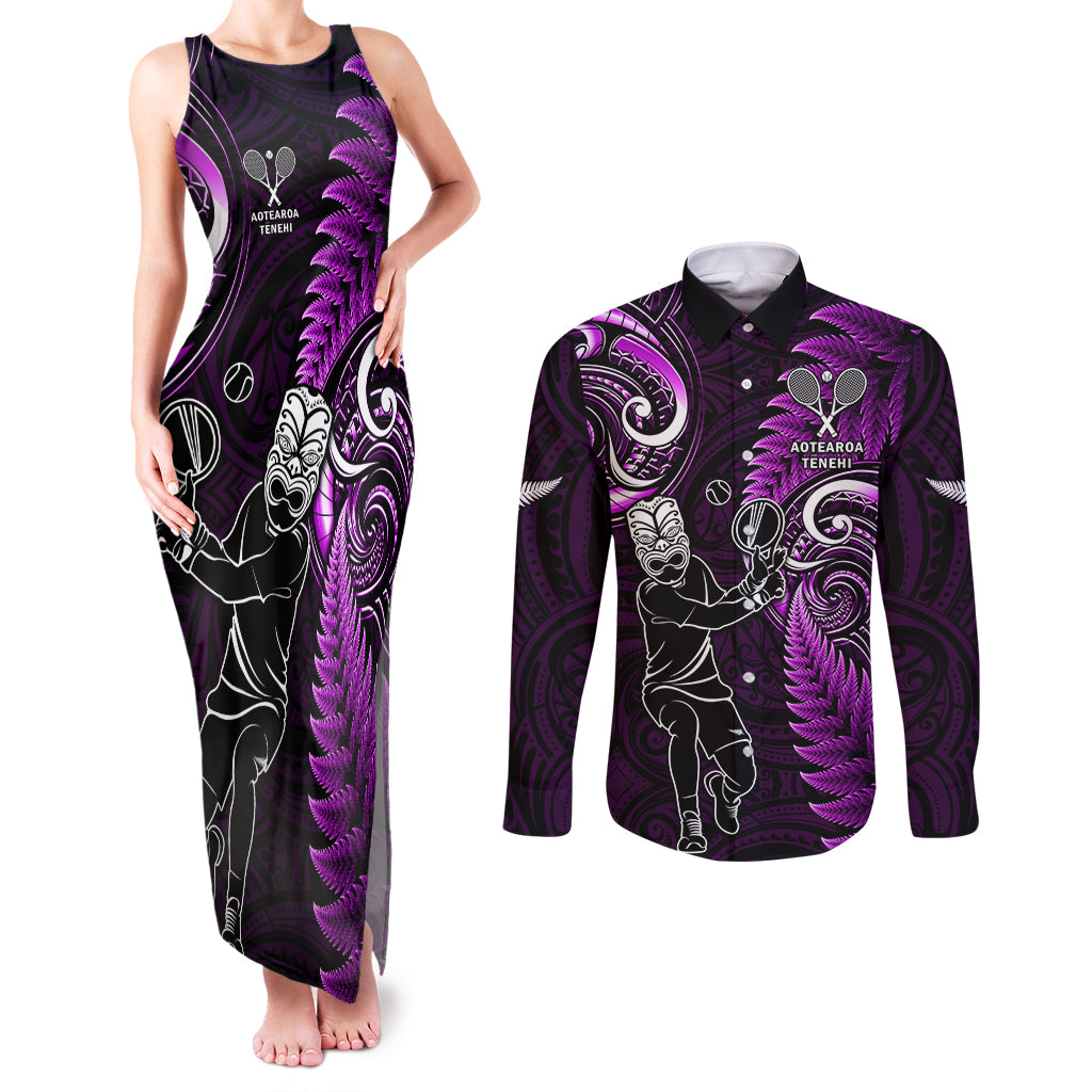 New Zealand Tiki Tennis Couples Matching Tank Maxi Dress and Long Sleeve Button Shirt 2024 Aotearoa Tenehi Maori Silver Fern - Purple