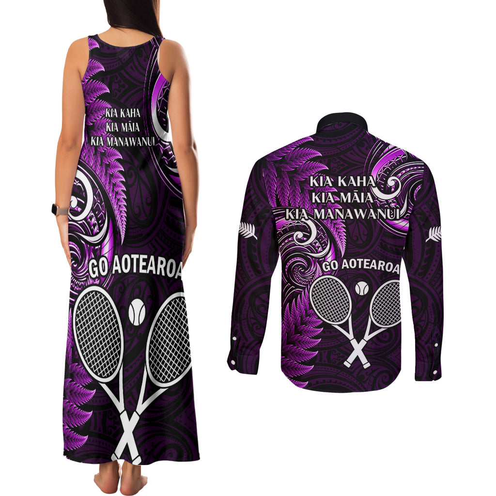 New Zealand Tiki Tennis Couples Matching Tank Maxi Dress and Long Sleeve Button Shirt 2024 Aotearoa Tenehi Maori Silver Fern - Purple