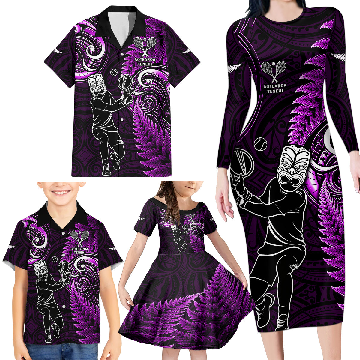 New Zealand Tiki Tennis Family Matching Long Sleeve Bodycon Dress and Hawaiian Shirt 2024 Aotearoa Tenehi Maori Silver Fern - Purple