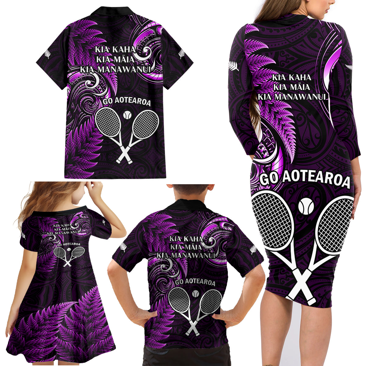 New Zealand Tiki Tennis Family Matching Long Sleeve Bodycon Dress and Hawaiian Shirt 2024 Aotearoa Tenehi Maori Silver Fern - Purple