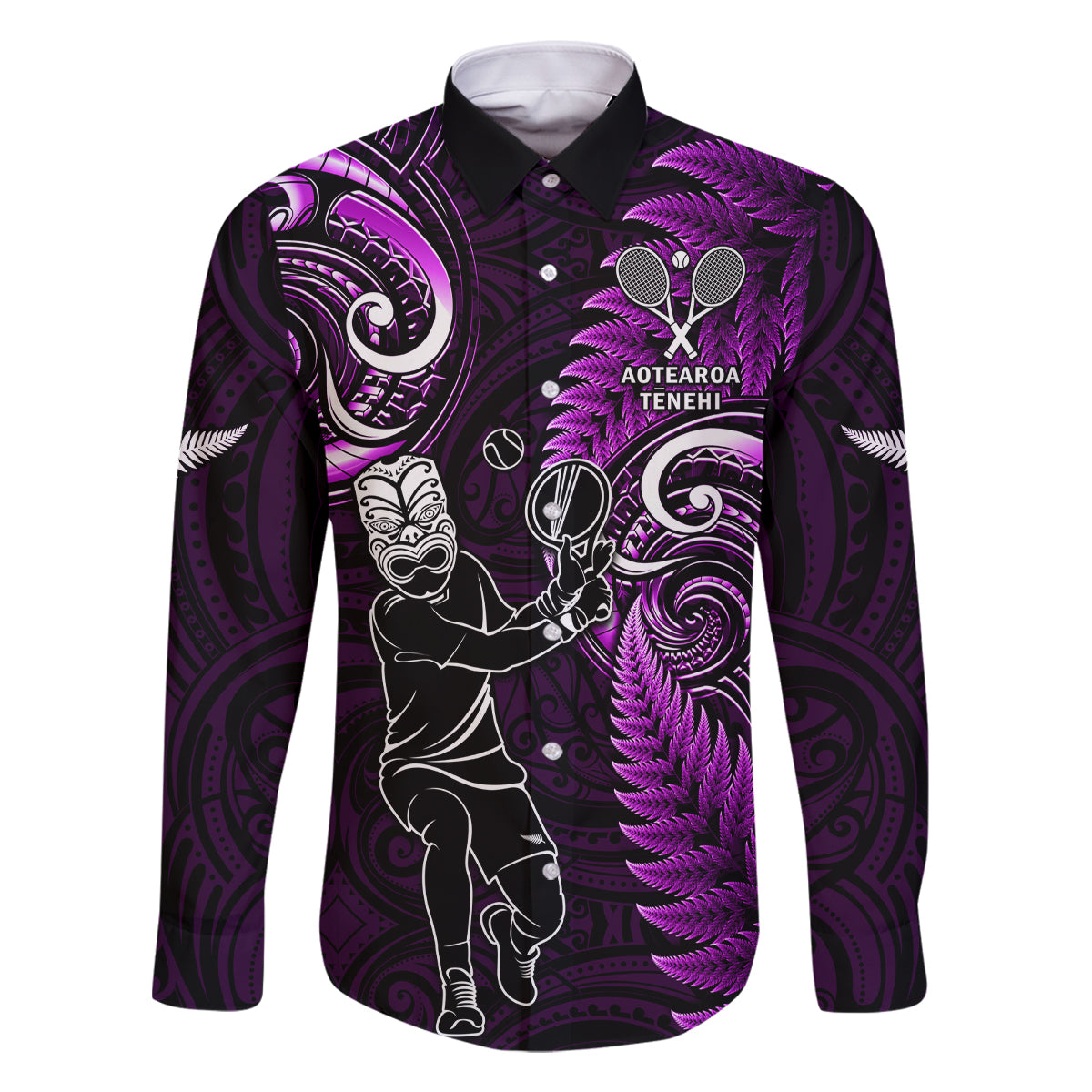 New Zealand Tiki Tennis Family Matching Long Sleeve Bodycon Dress and Hawaiian Shirt 2024 Aotearoa Tenehi Maori Silver Fern - Purple