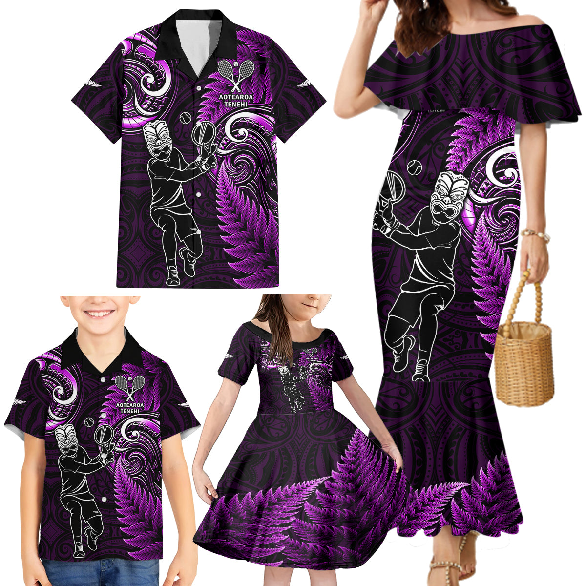 New Zealand Tiki Tennis Family Matching Mermaid Dress and Hawaiian Shirt 2024 Aotearoa Tenehi Maori Silver Fern - Purple