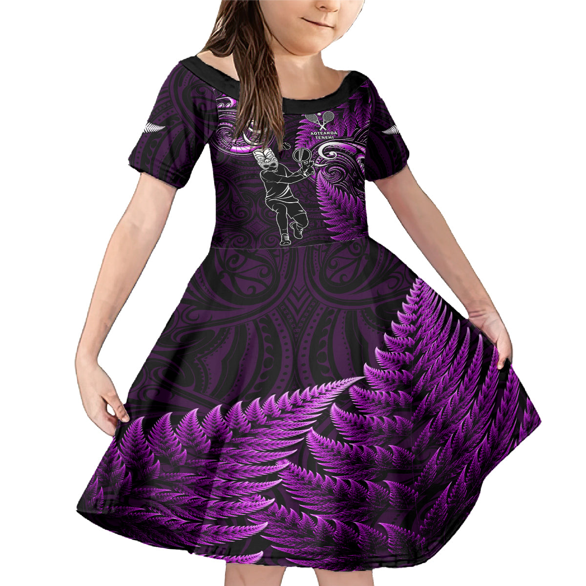 New Zealand Tiki Tennis Family Matching Mermaid Dress and Hawaiian Shirt 2024 Aotearoa Tenehi Maori Silver Fern - Purple