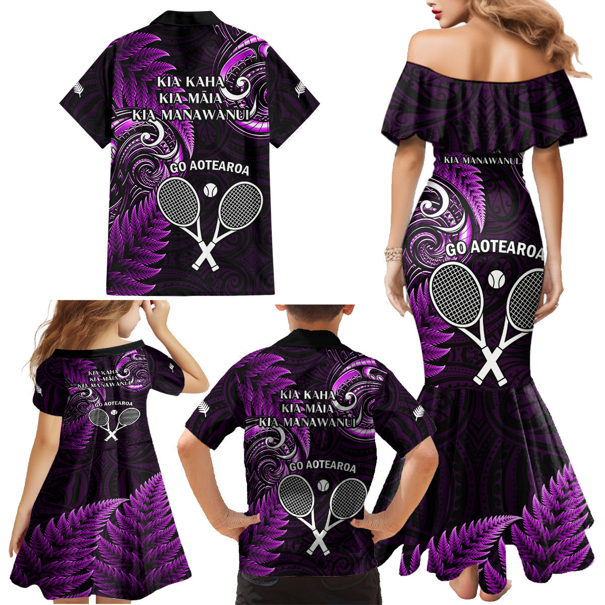 New Zealand Tiki Tennis Family Matching Mermaid Dress and Hawaiian Shirt 2024 Aotearoa Tenehi Maori Silver Fern - Purple