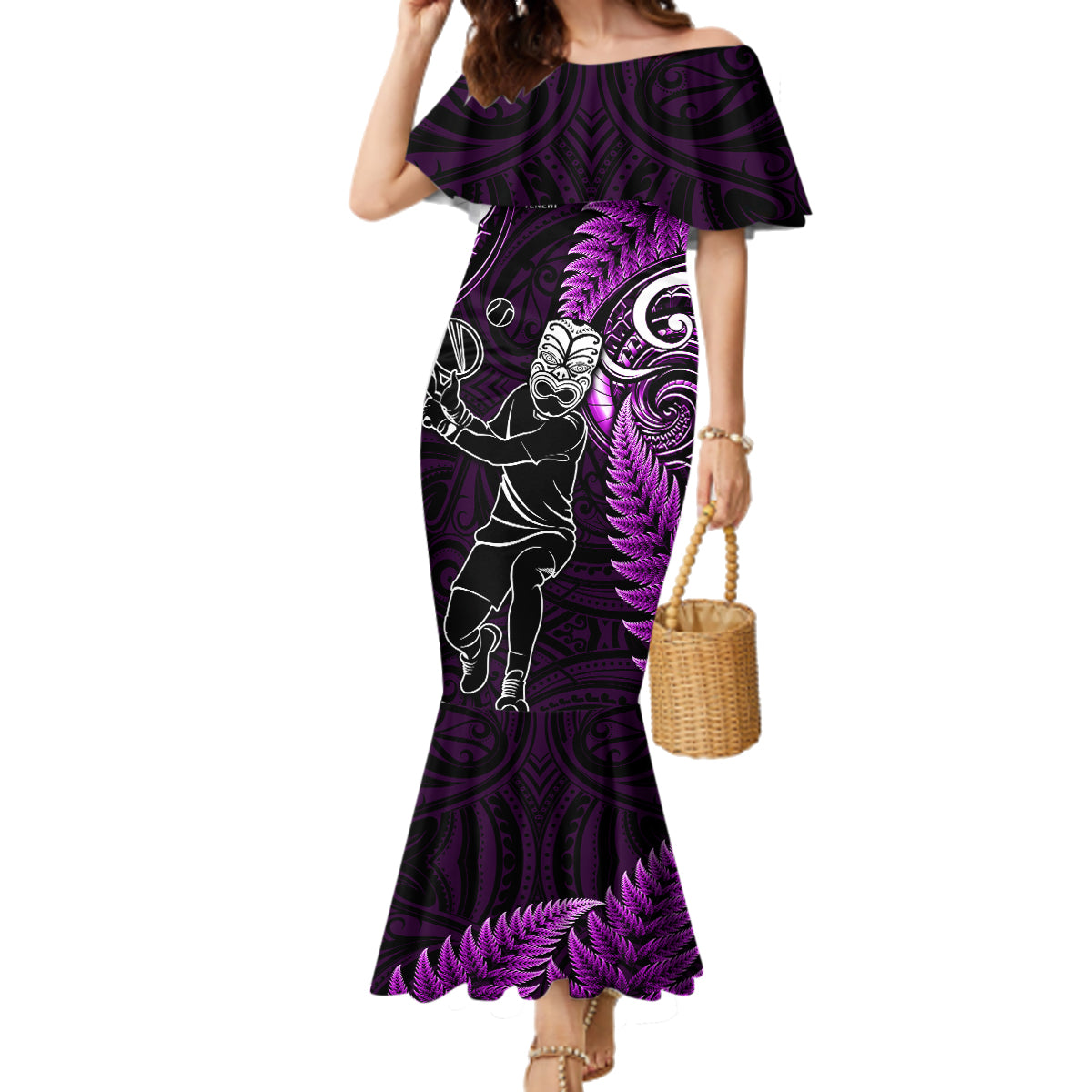 New Zealand Tiki Tennis Family Matching Mermaid Dress and Hawaiian Shirt 2024 Aotearoa Tenehi Maori Silver Fern - Purple