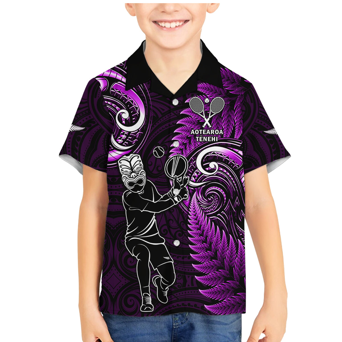 New Zealand Tiki Tennis Family Matching Mermaid Dress and Hawaiian Shirt 2024 Aotearoa Tenehi Maori Silver Fern - Purple