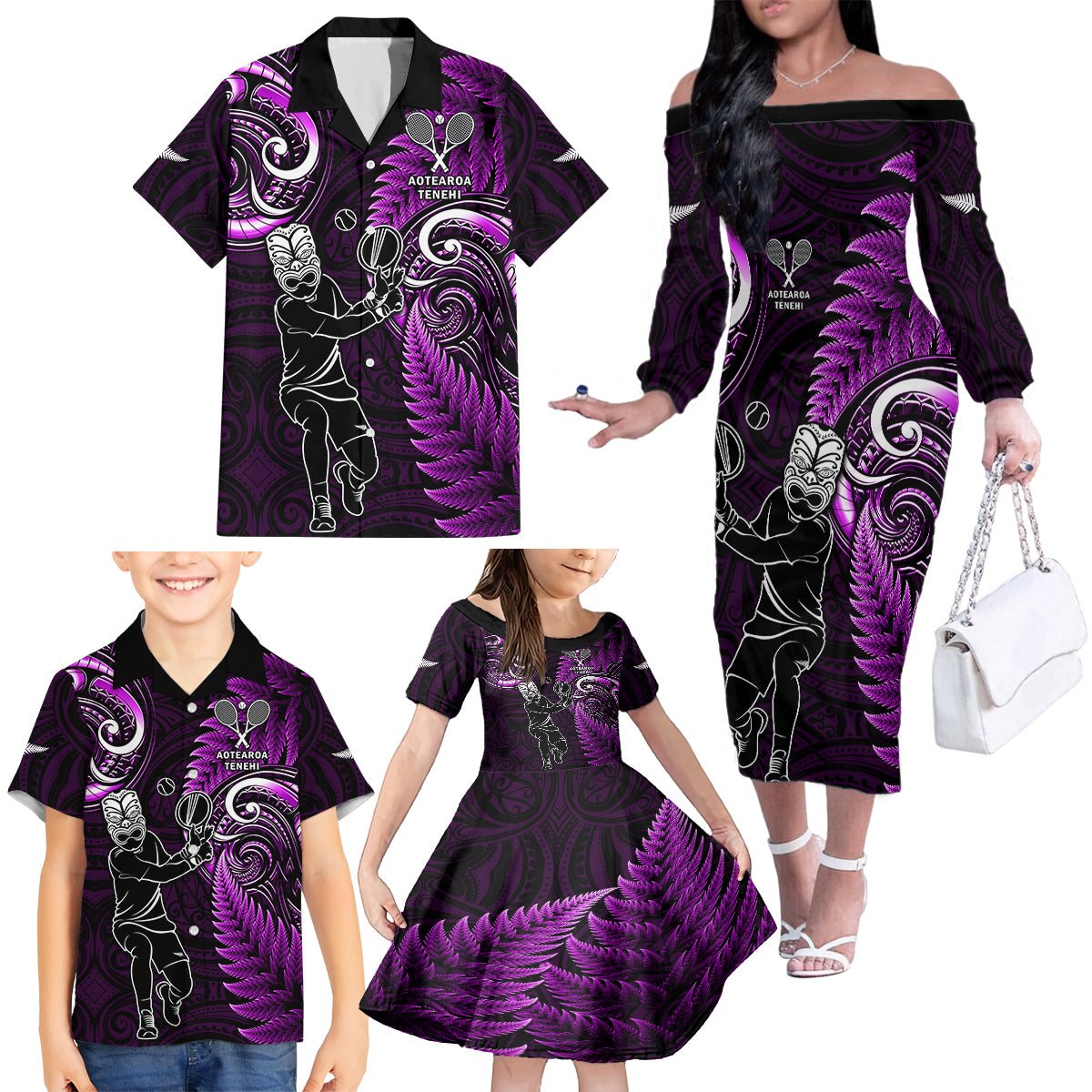 New Zealand Tiki Tennis Family Matching Off Shoulder Long Sleeve Dress and Hawaiian Shirt 2024 Aotearoa Tenehi Maori Silver Fern - Purple