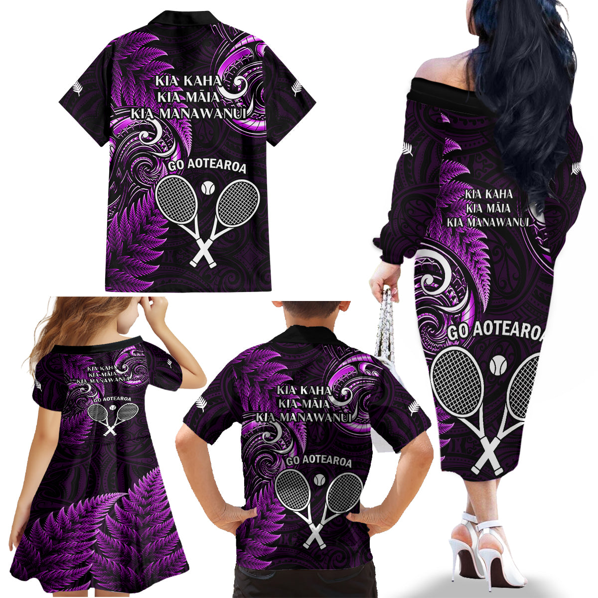 New Zealand Tiki Tennis Family Matching Off Shoulder Long Sleeve Dress and Hawaiian Shirt 2024 Aotearoa Tenehi Maori Silver Fern - Purple