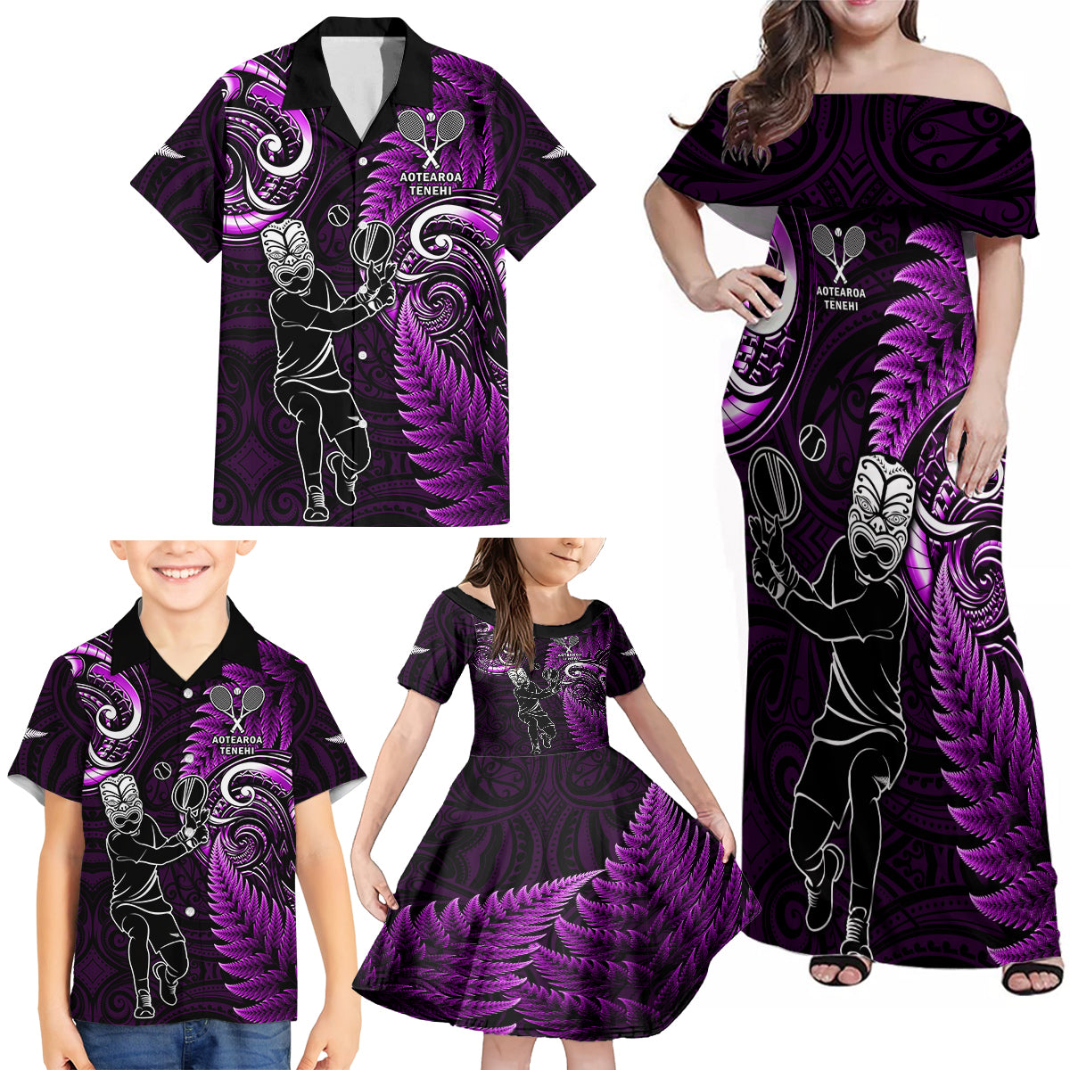 New Zealand Tiki Tennis Family Matching Off Shoulder Maxi Dress and Hawaiian Shirt 2024 Aotearoa Tenehi Maori Silver Fern - Purple