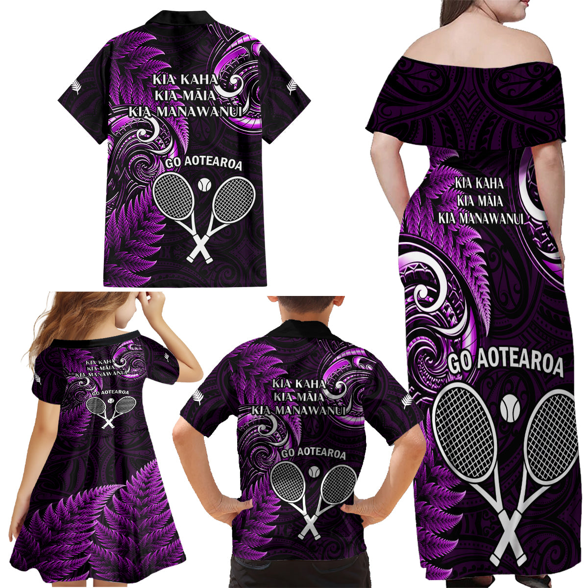 New Zealand Tiki Tennis Family Matching Off Shoulder Maxi Dress and Hawaiian Shirt 2024 Aotearoa Tenehi Maori Silver Fern - Purple