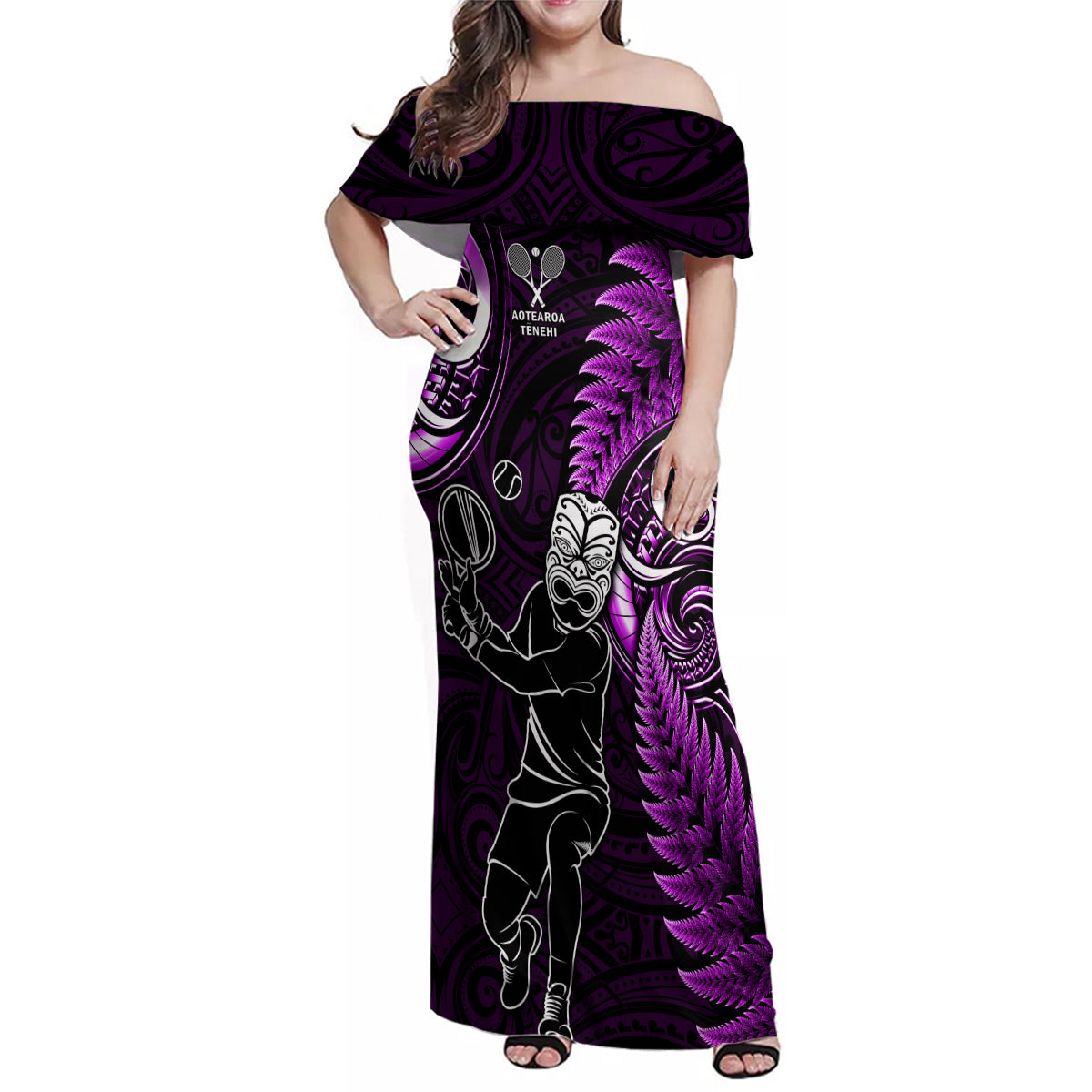 New Zealand Tiki Tennis Family Matching Off Shoulder Maxi Dress and Hawaiian Shirt 2024 Aotearoa Tenehi Maori Silver Fern - Purple