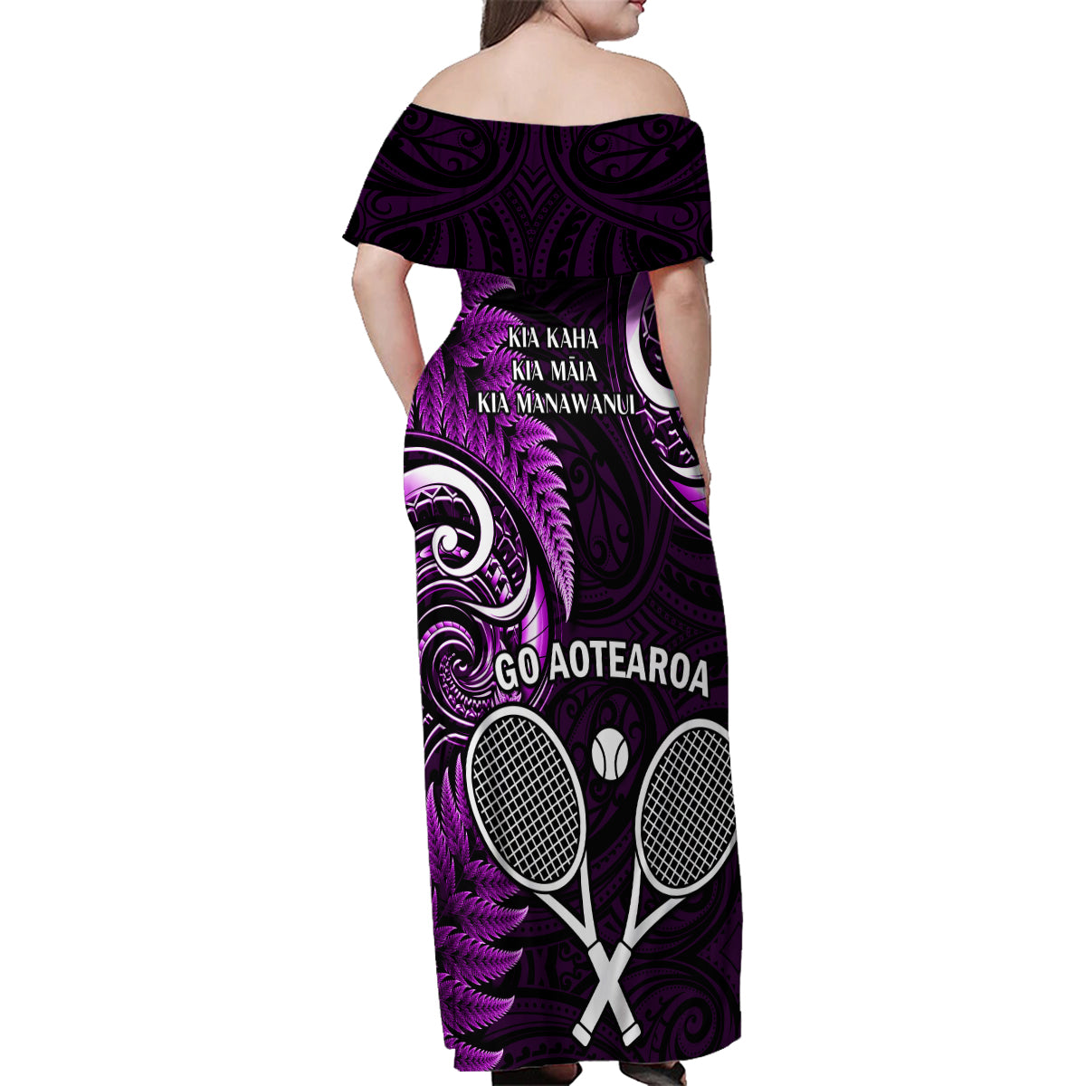 New Zealand Tiki Tennis Family Matching Off Shoulder Maxi Dress and Hawaiian Shirt 2024 Aotearoa Tenehi Maori Silver Fern - Purple