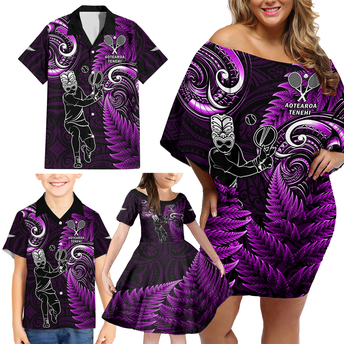 New Zealand Tiki Tennis Family Matching Off Shoulder Short Dress and Hawaiian Shirt 2024 Aotearoa Tenehi Maori Silver Fern - Purple