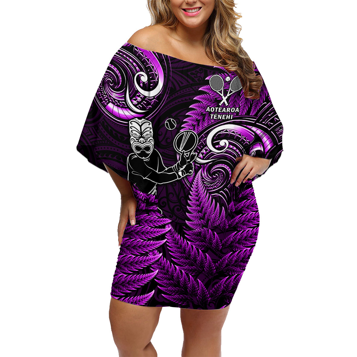 New Zealand Tiki Tennis Family Matching Off Shoulder Short Dress and Hawaiian Shirt 2024 Aotearoa Tenehi Maori Silver Fern - Purple