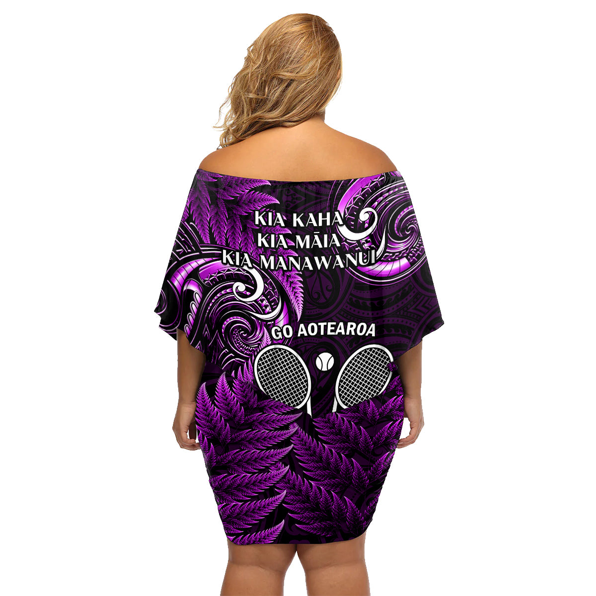 New Zealand Tiki Tennis Family Matching Off Shoulder Short Dress and Hawaiian Shirt 2024 Aotearoa Tenehi Maori Silver Fern - Purple