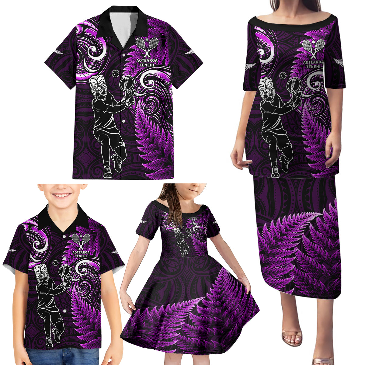 New Zealand Tiki Tennis Family Matching Puletasi and Hawaiian Shirt 2024 Aotearoa Tenehi Maori Silver Fern - Purple