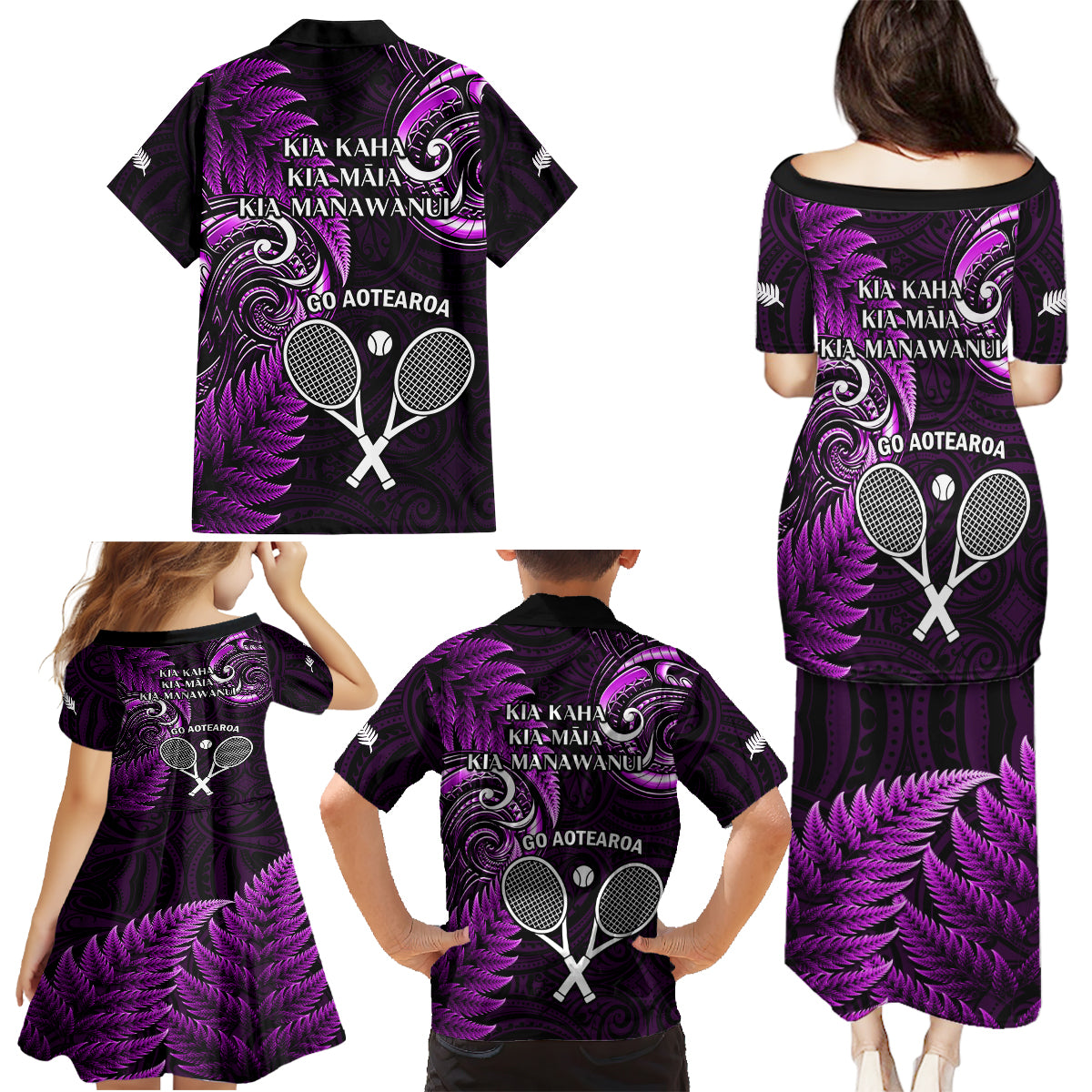 New Zealand Tiki Tennis Family Matching Puletasi and Hawaiian Shirt 2024 Aotearoa Tenehi Maori Silver Fern - Purple