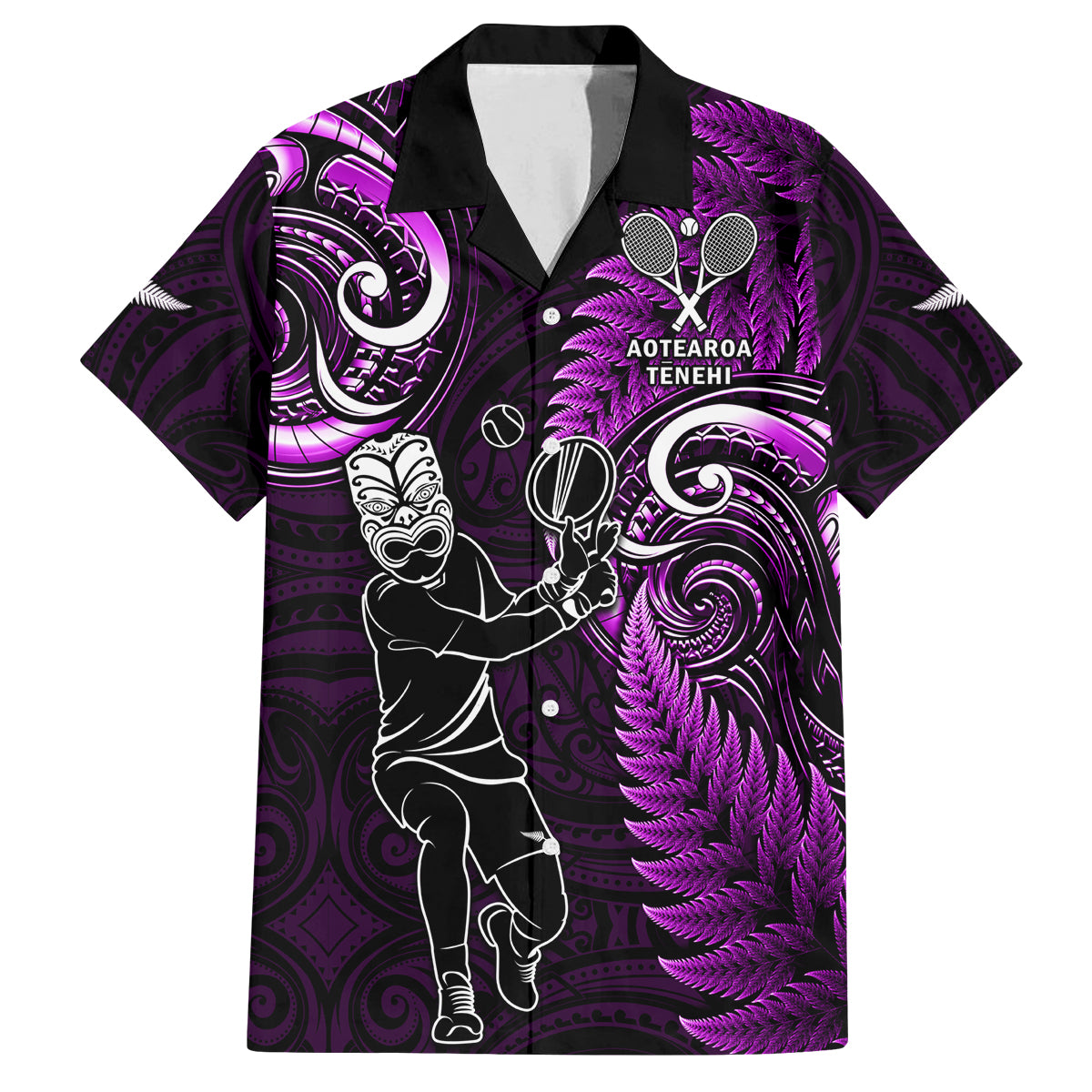 New Zealand Tiki Tennis Family Matching Puletasi and Hawaiian Shirt 2024 Aotearoa Tenehi Maori Silver Fern - Purple