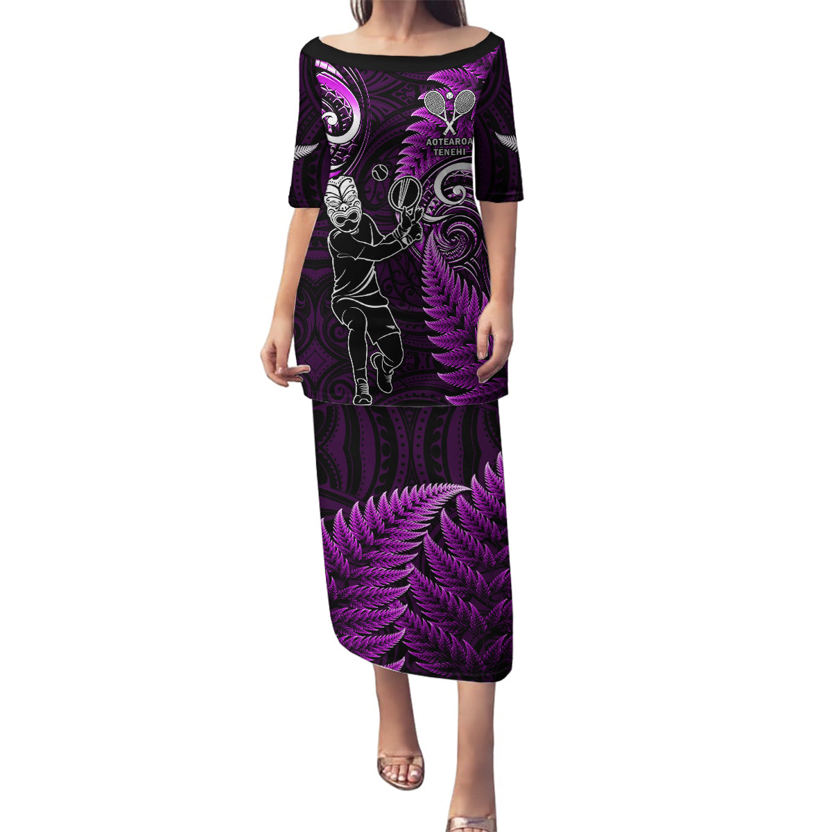 New Zealand Tiki Tennis Family Matching Puletasi and Hawaiian Shirt 2024 Aotearoa Tenehi Maori Silver Fern - Purple