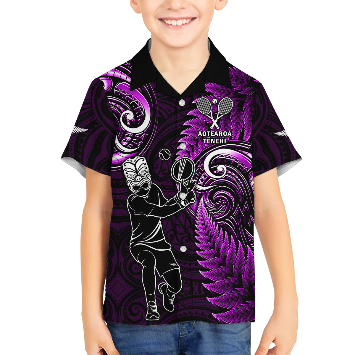 New Zealand Tiki Tennis Family Matching Puletasi and Hawaiian Shirt 2024 Aotearoa Tenehi Maori Silver Fern - Purple