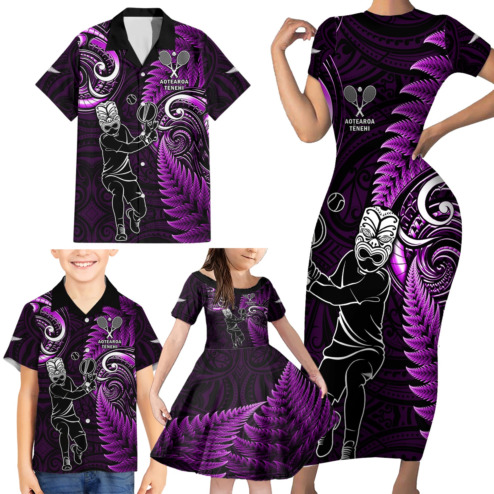 New Zealand Tiki Tennis Family Matching Short Sleeve Bodycon Dress and Hawaiian Shirt 2024 Aotearoa Tenehi Maori Silver Fern - Purple