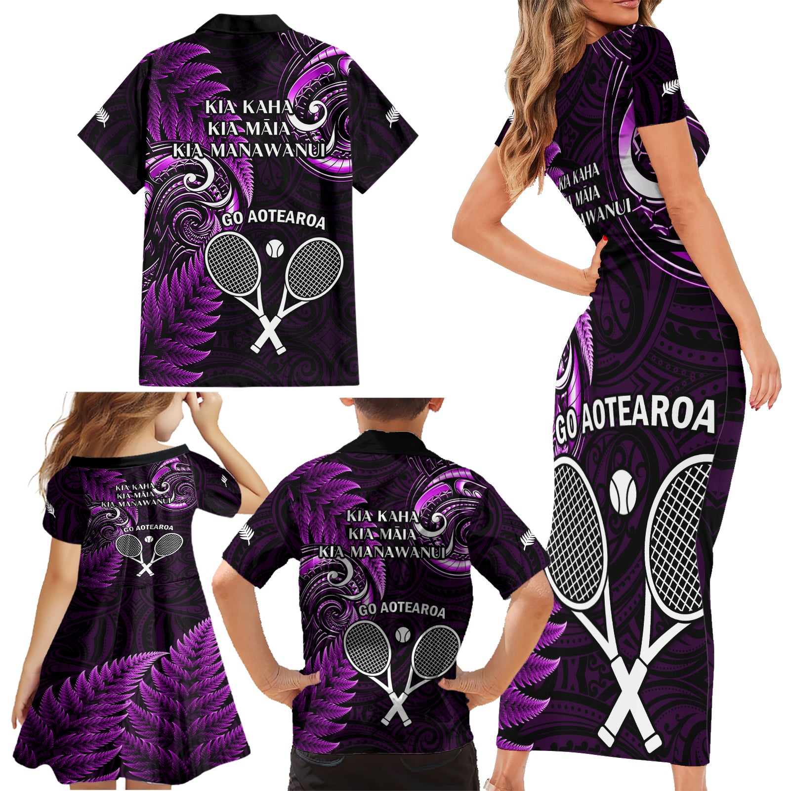 New Zealand Tiki Tennis Family Matching Short Sleeve Bodycon Dress and Hawaiian Shirt 2024 Aotearoa Tenehi Maori Silver Fern - Purple