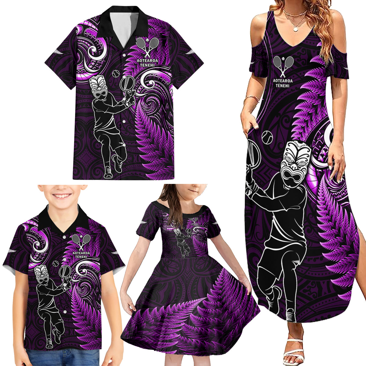 New Zealand Tiki Tennis Family Matching Summer Maxi Dress and Hawaiian Shirt 2024 Aotearoa Tenehi Maori Silver Fern - Purple