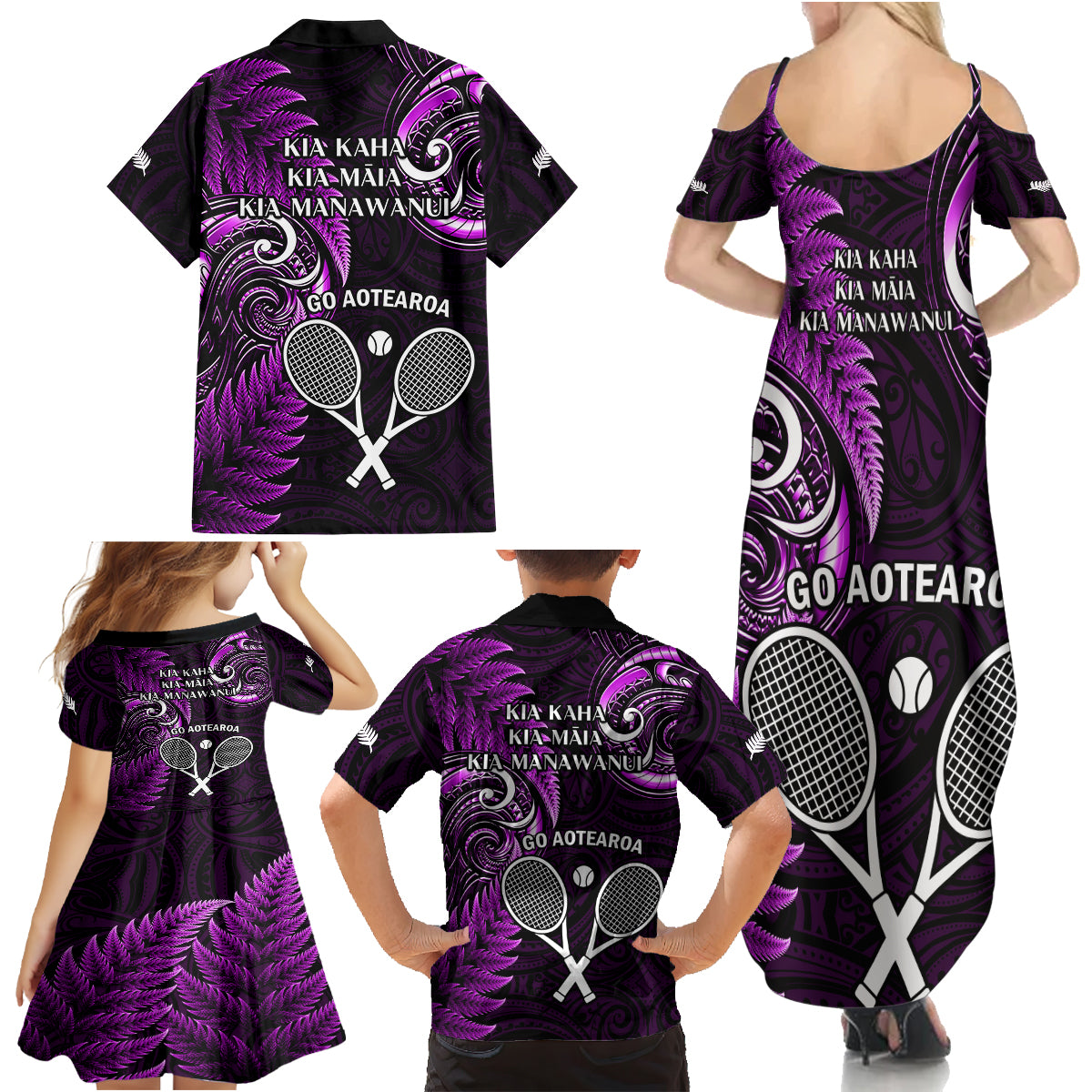 New Zealand Tiki Tennis Family Matching Summer Maxi Dress and Hawaiian Shirt 2024 Aotearoa Tenehi Maori Silver Fern - Purple