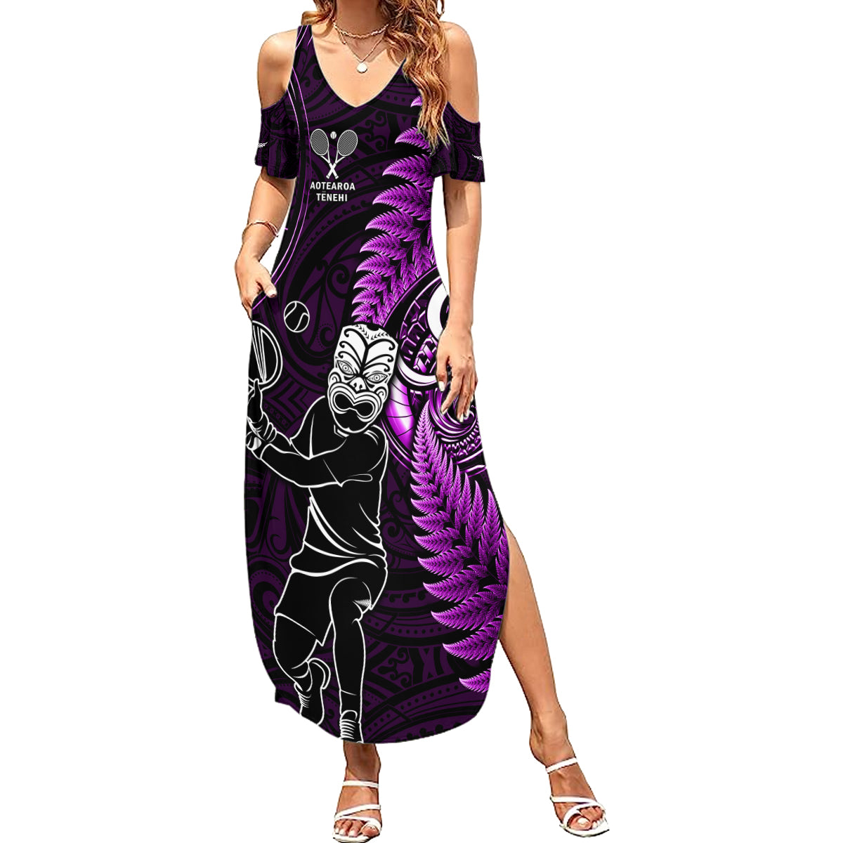 New Zealand Tiki Tennis Family Matching Summer Maxi Dress and Hawaiian Shirt 2024 Aotearoa Tenehi Maori Silver Fern - Purple