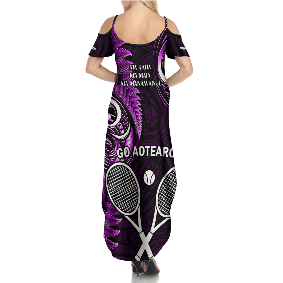 New Zealand Tiki Tennis Family Matching Summer Maxi Dress and Hawaiian Shirt 2024 Aotearoa Tenehi Maori Silver Fern - Purple