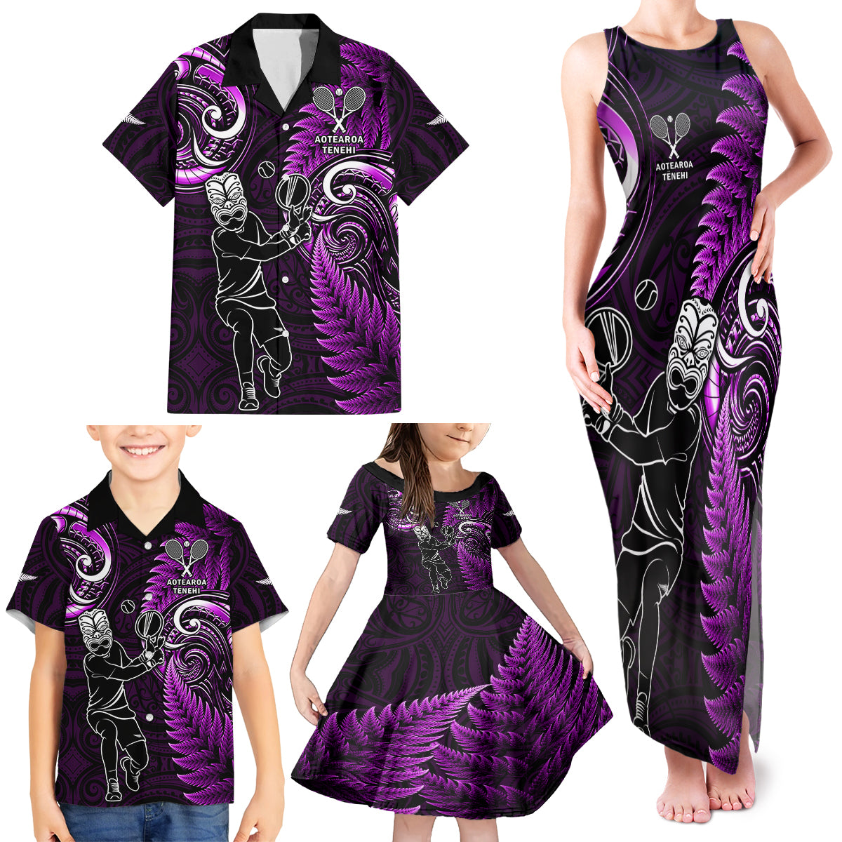 New Zealand Tiki Tennis Family Matching Tank Maxi Dress and Hawaiian Shirt 2024 Aotearoa Tenehi Maori Silver Fern - Purple