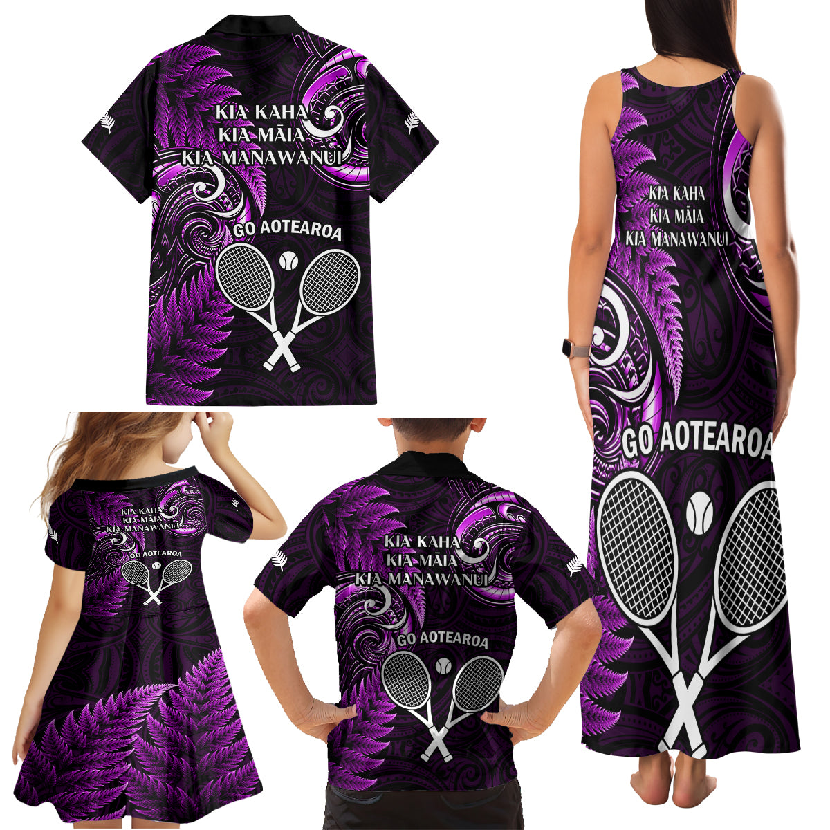 New Zealand Tiki Tennis Family Matching Tank Maxi Dress and Hawaiian Shirt 2024 Aotearoa Tenehi Maori Silver Fern - Purple