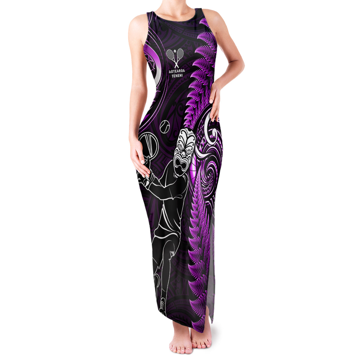 New Zealand Tiki Tennis Family Matching Tank Maxi Dress and Hawaiian Shirt 2024 Aotearoa Tenehi Maori Silver Fern - Purple