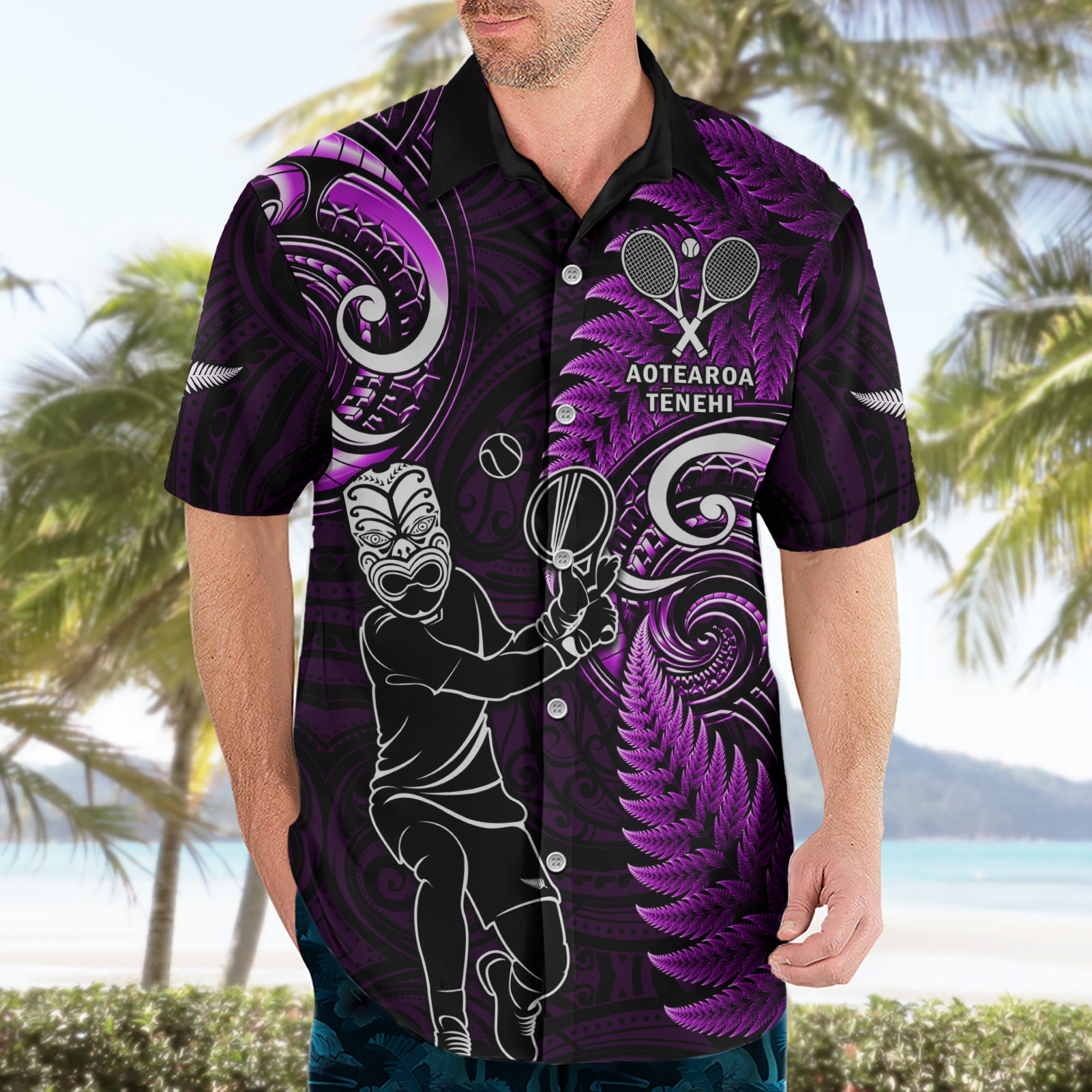 New Zealand Tiki Tennis Hawaiian Shirt 2024 Aotearoa Tenehi Maori Silver Fern - Purple - Vibe Hoodie Shop