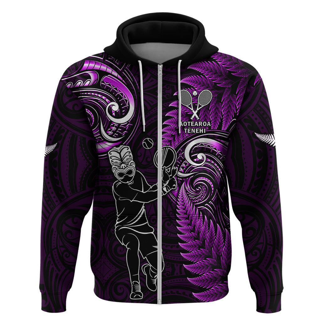 New Zealand Tiki Tennis Hoodie 2024 Aotearoa Tenehi Maori Silver Fern - Purple - Vibe Hoodie Shop