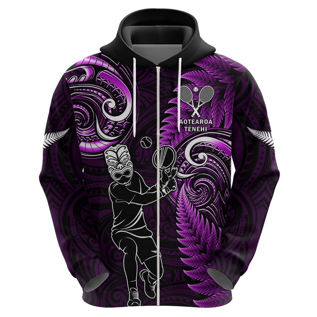 New Zealand Tiki Tennis Hoodie 2024 Aotearoa Tenehi Maori Silver Fern - Purple - Vibe Hoodie Shop