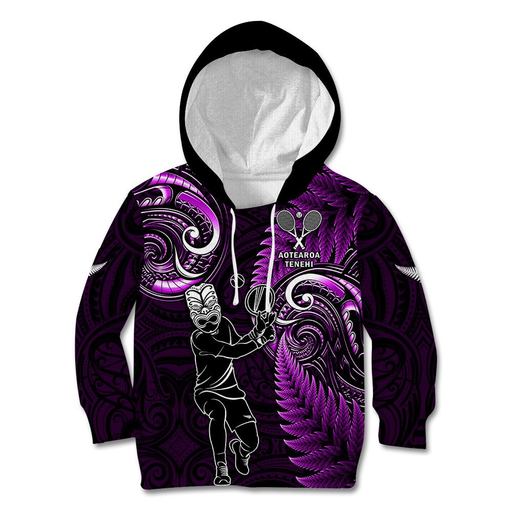 New Zealand Tiki Tennis Kid Hoodie 2024 Aotearoa Tenehi Maori Silver Fern - Purple - Vibe Hoodie Shop