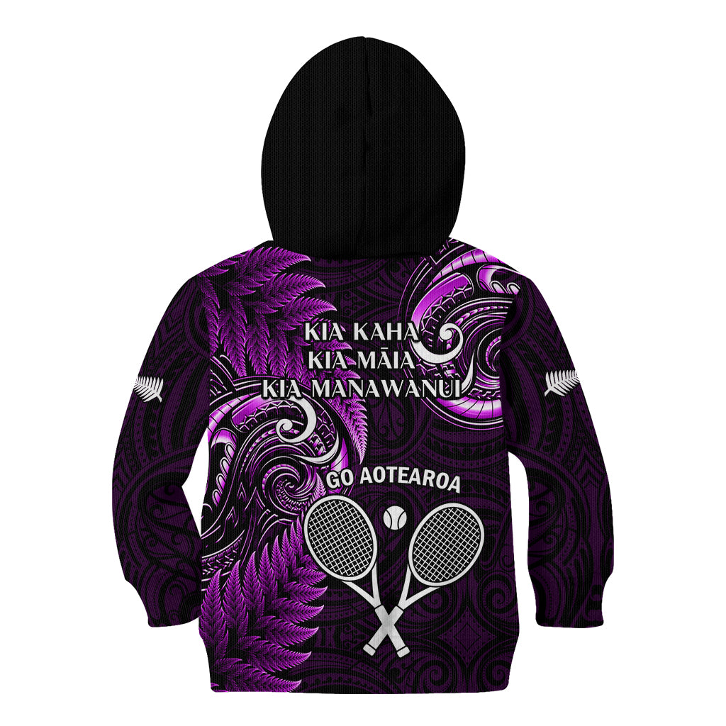 New Zealand Tiki Tennis Kid Hoodie 2024 Aotearoa Tenehi Maori Silver Fern - Purple - Vibe Hoodie Shop