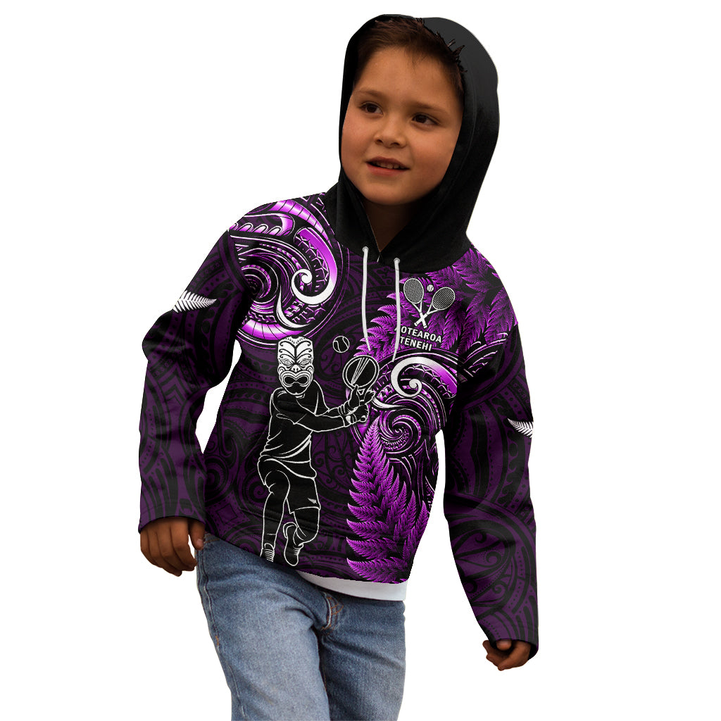 New Zealand Tiki Tennis Kid Hoodie 2024 Aotearoa Tenehi Maori Silver Fern - Purple - Vibe Hoodie Shop