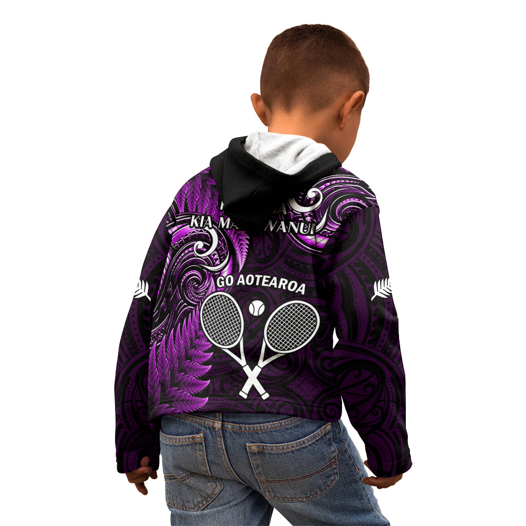 New Zealand Tiki Tennis Kid Hoodie 2024 Aotearoa Tenehi Maori Silver Fern - Purple - Vibe Hoodie Shop