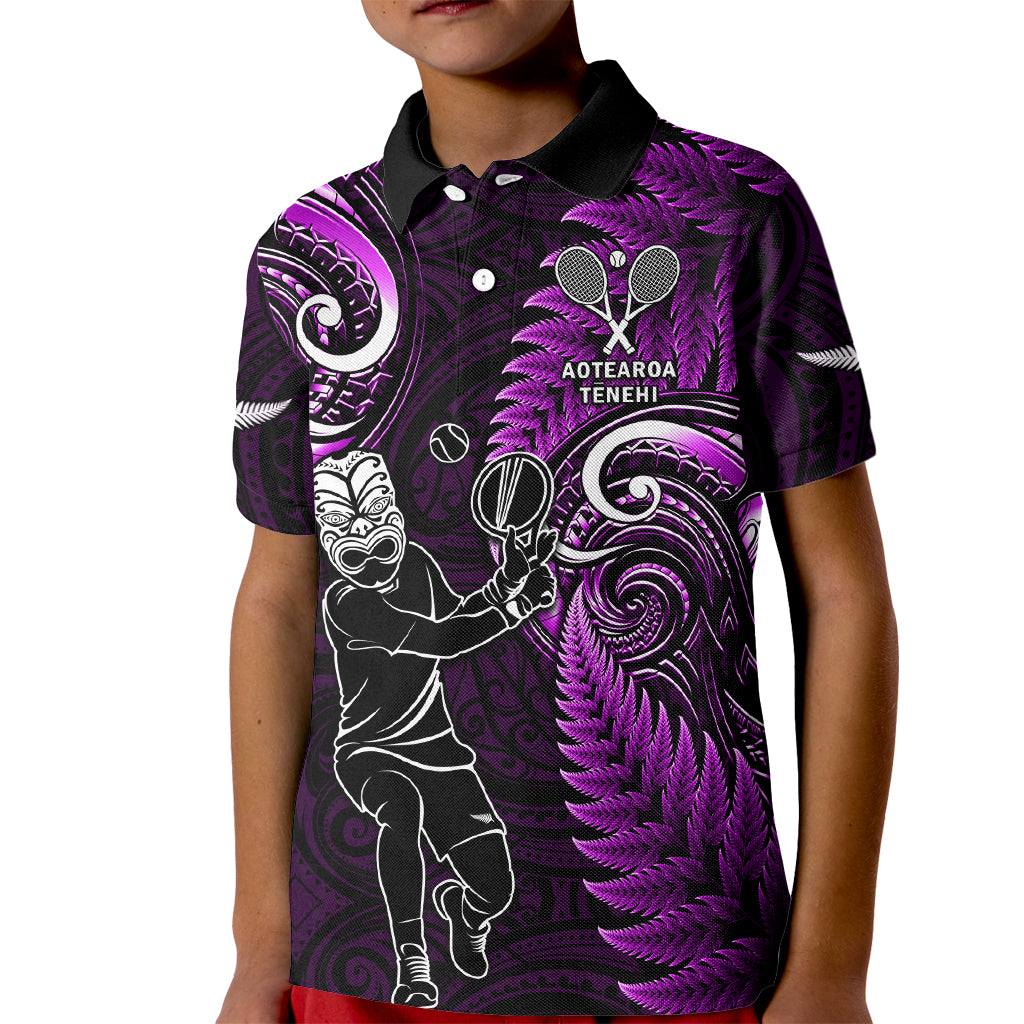 New Zealand Tiki Tennis Kid Polo Shirt 2024 Aotearoa Tenehi Maori Silver Fern - Purple - Vibe Hoodie Shop