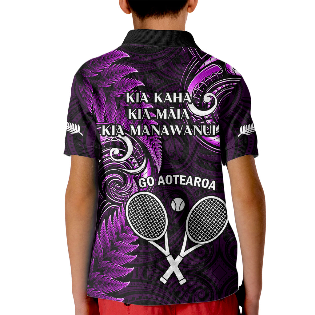 New Zealand Tiki Tennis Kid Polo Shirt 2024 Aotearoa Tenehi Maori Silver Fern - Purple - Vibe Hoodie Shop