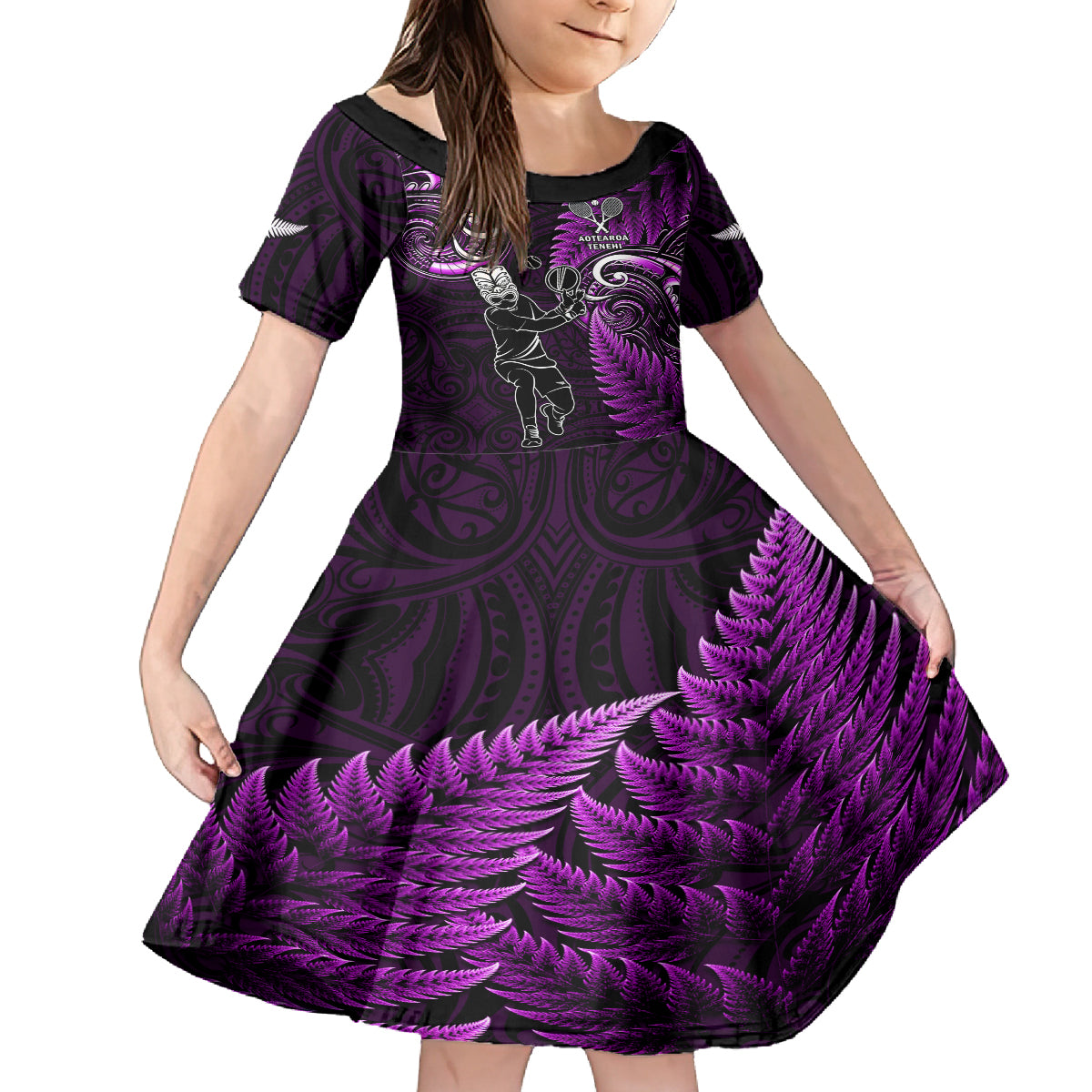 New Zealand Tiki Tennis Kid Short Sleeve Dress 2024 Aotearoa Tenehi Maori Silver Fern - Purple - Vibe Hoodie Shop