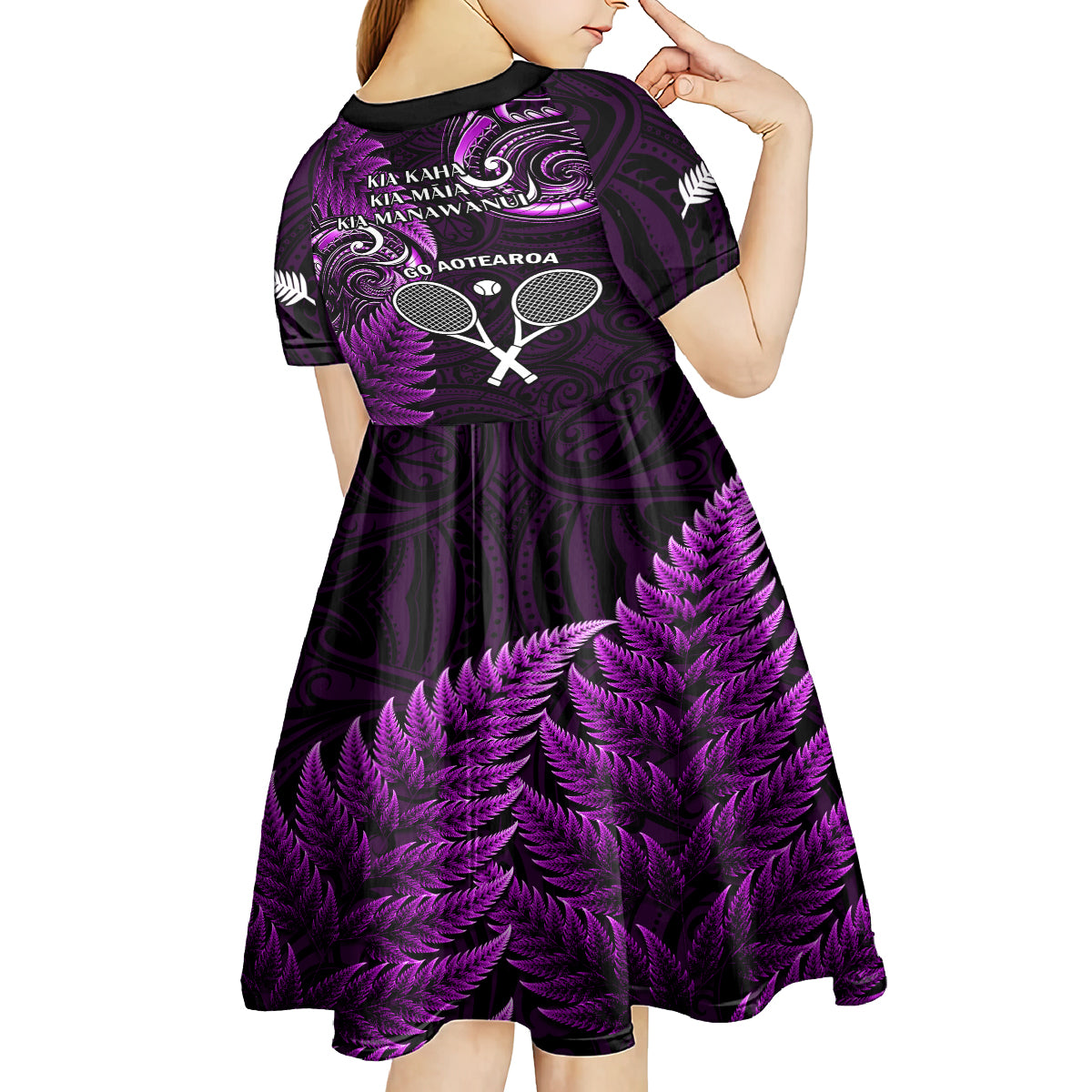 New Zealand Tiki Tennis Kid Short Sleeve Dress 2024 Aotearoa Tenehi Maori Silver Fern - Purple - Vibe Hoodie Shop