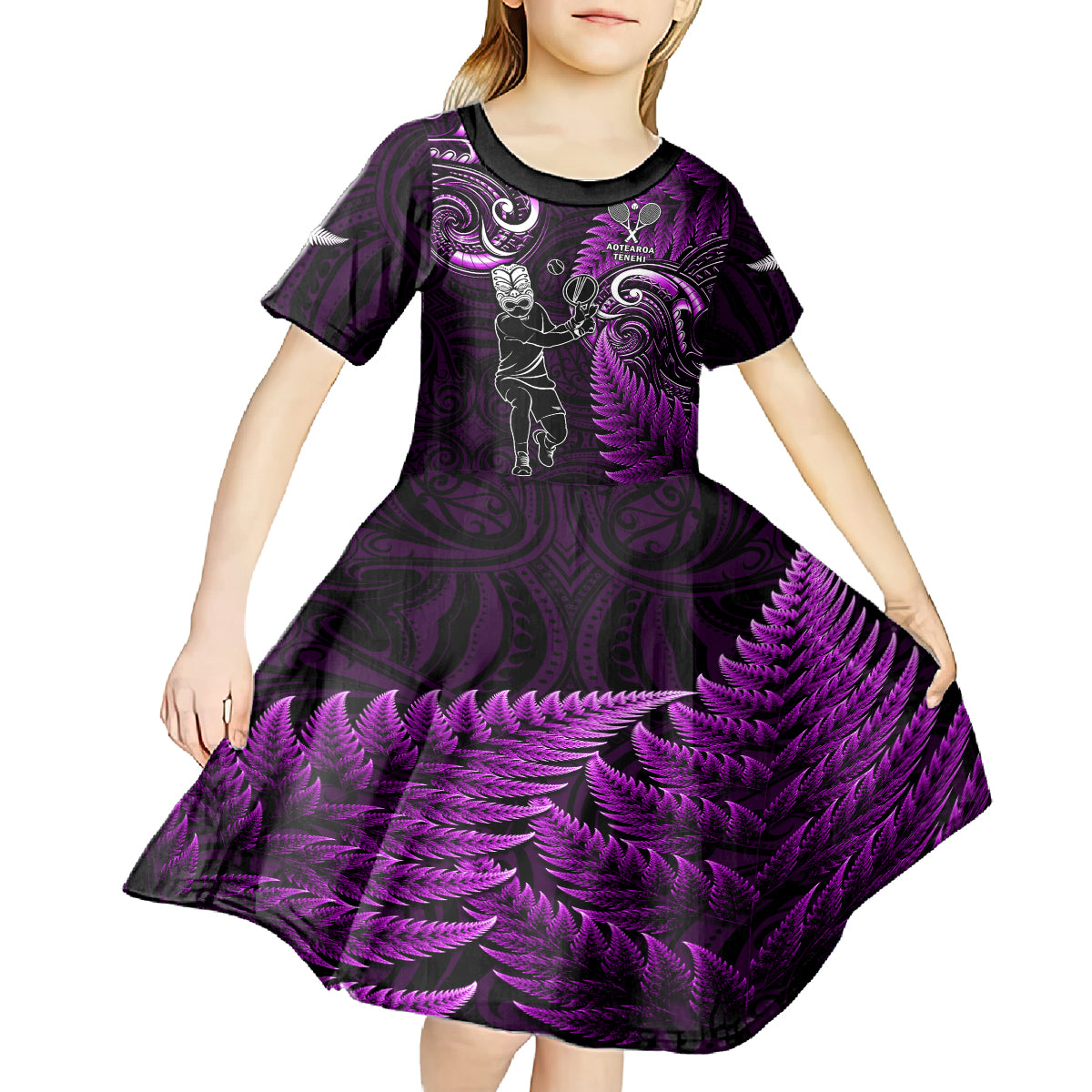 New Zealand Tiki Tennis Kid Short Sleeve Dress 2024 Aotearoa Tenehi Maori Silver Fern - Purple - Vibe Hoodie Shop