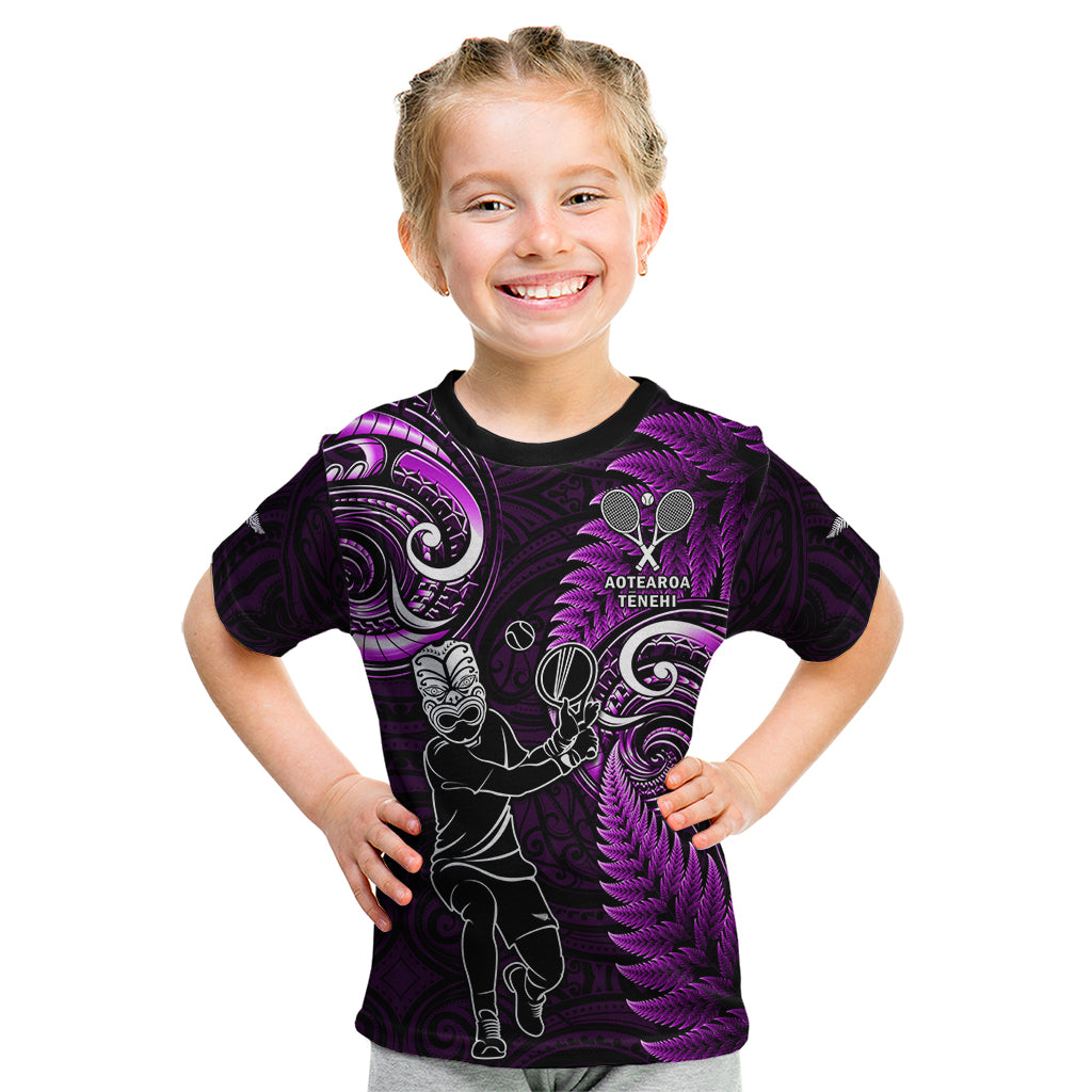 New Zealand Tiki Tennis Kid T Shirt 2024 Aotearoa Tenehi Maori Silver Fern - Purple - Vibe Hoodie Shop