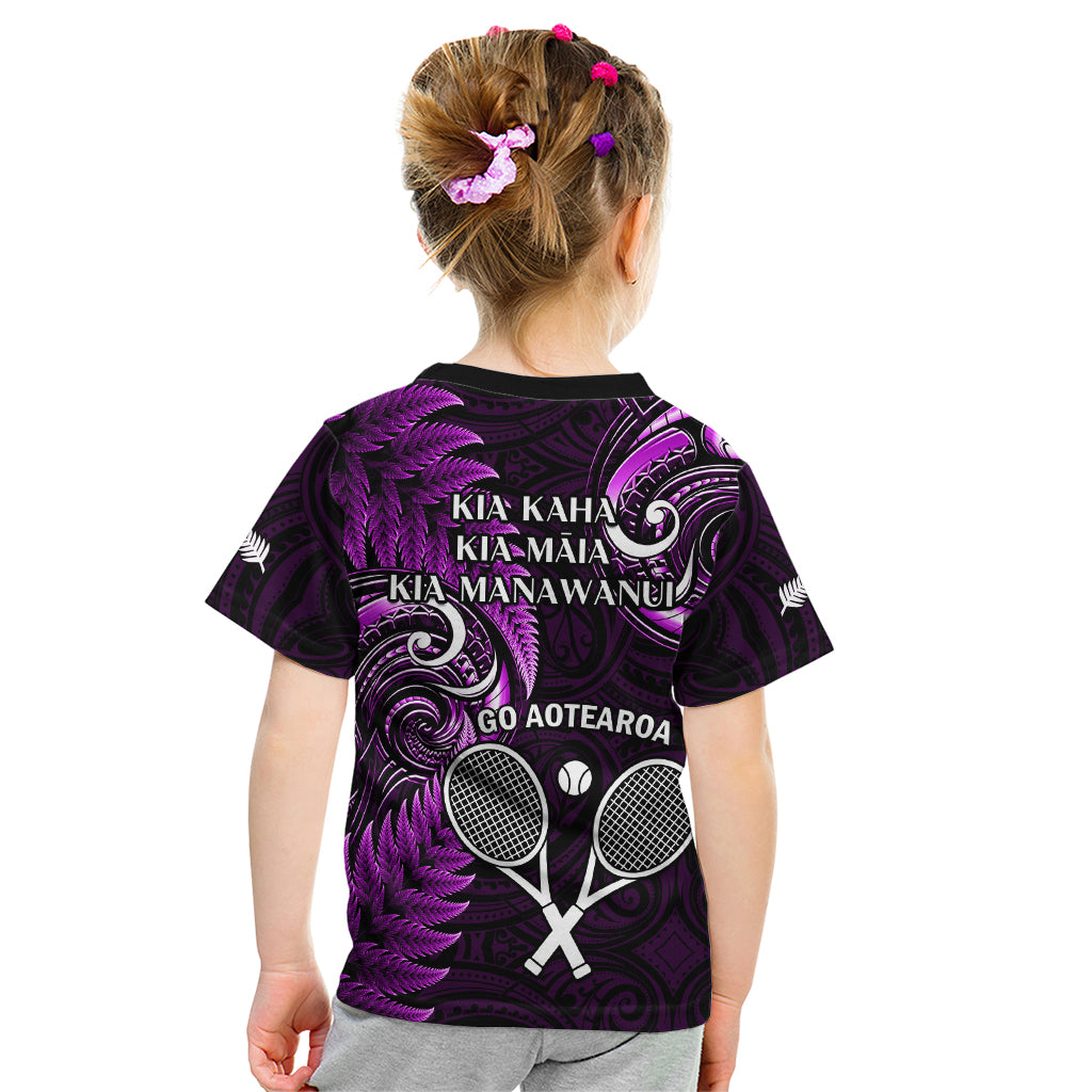 New Zealand Tiki Tennis Kid T Shirt 2024 Aotearoa Tenehi Maori Silver Fern - Purple - Vibe Hoodie Shop