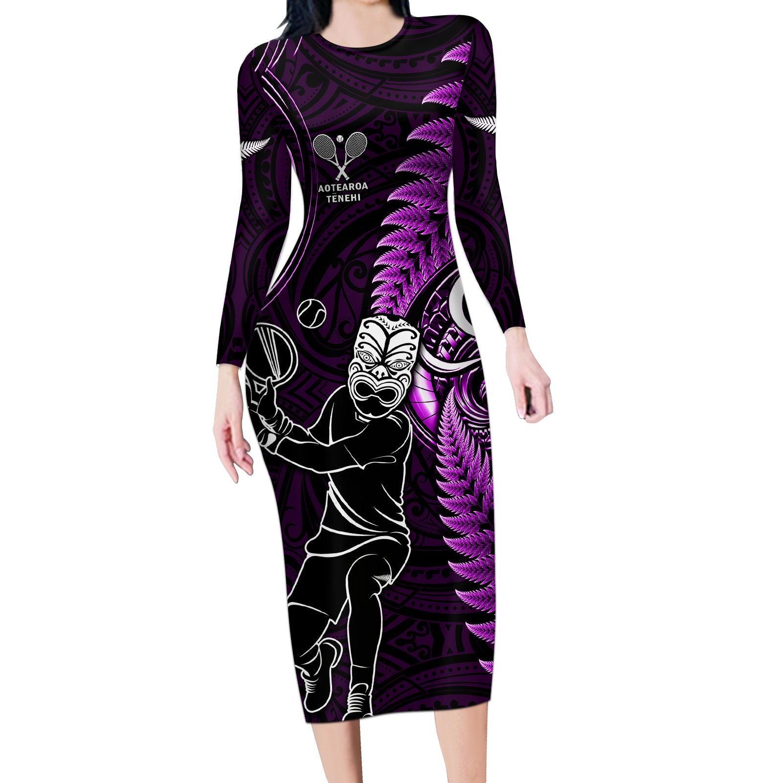 New Zealand Tiki Tennis Long Sleeve Bodycon Dress 2024 Aotearoa Tenehi Maori Silver Fern - Purple