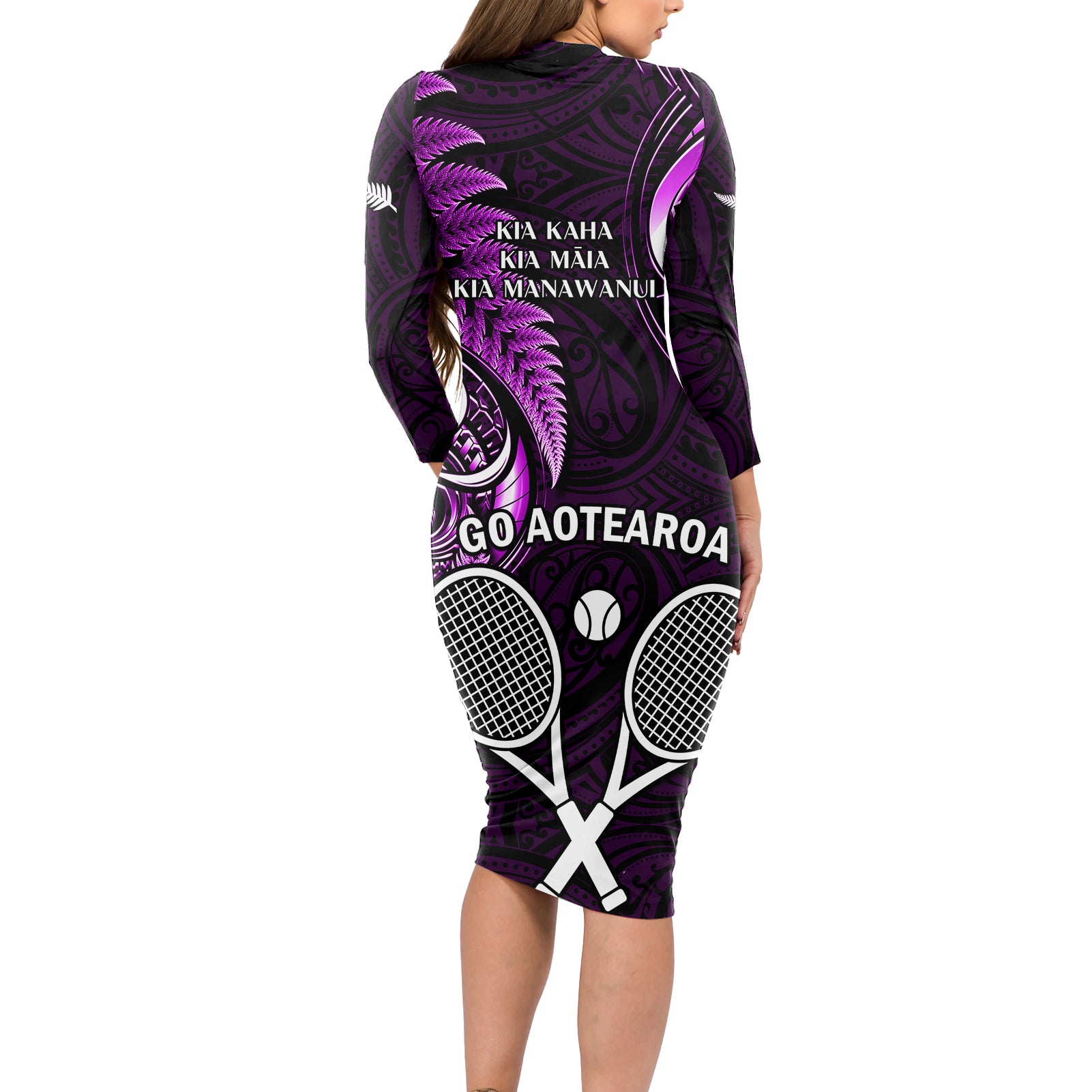 New Zealand Tiki Tennis Long Sleeve Bodycon Dress 2024 Aotearoa Tenehi Maori Silver Fern - Purple